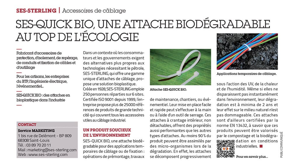 SES-STERLING : SES-QUICK BIO, l'innovation du biodégradable (L'usine nouvelle - juin 2015)