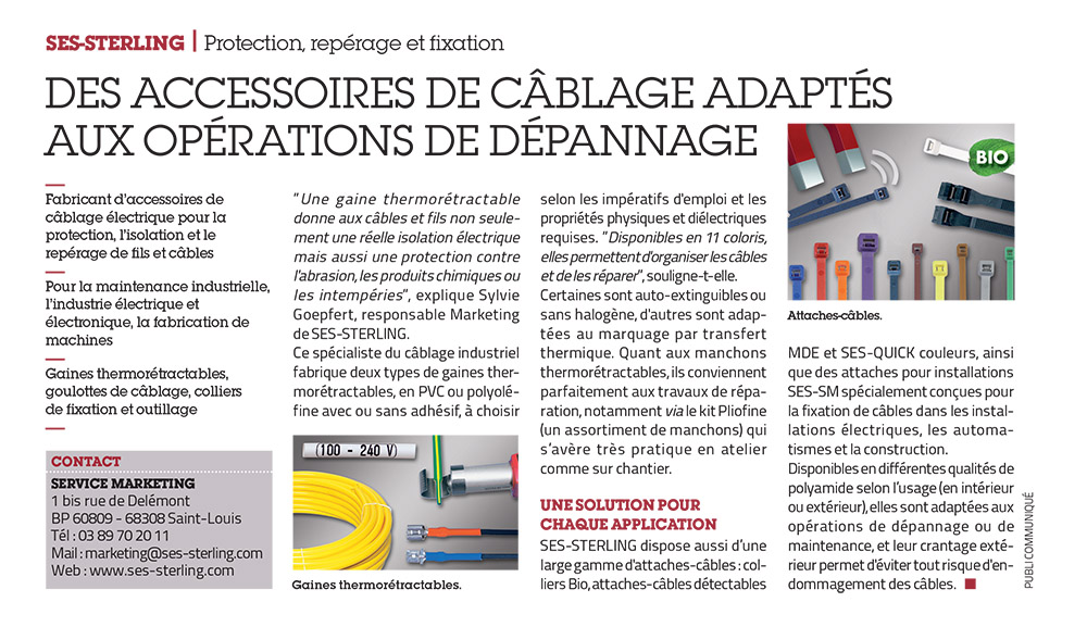 SES-STERLING : Accessoires de câblage et dépannage (L'usine nouvelle - juillet 2017)