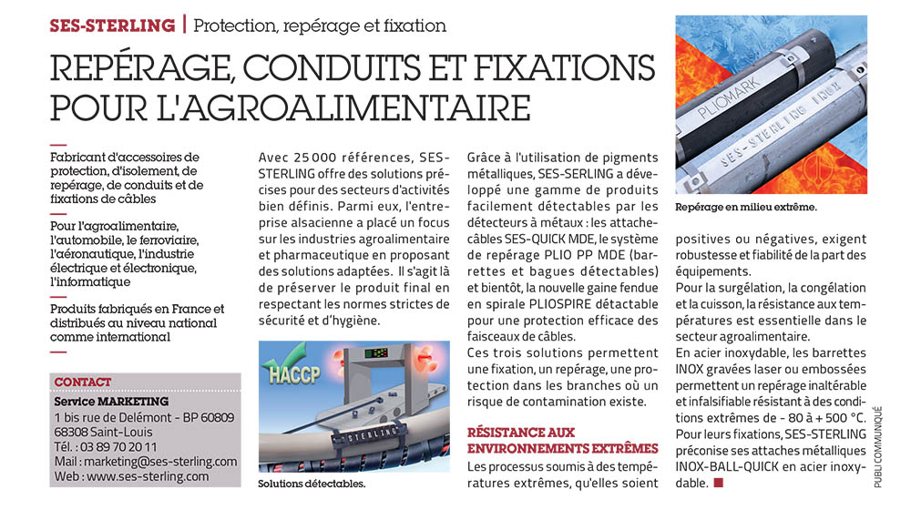SES-STERLING : repérage et fixation dans l'agroalimentaire (L'usine nouvelle - octobre 2016)