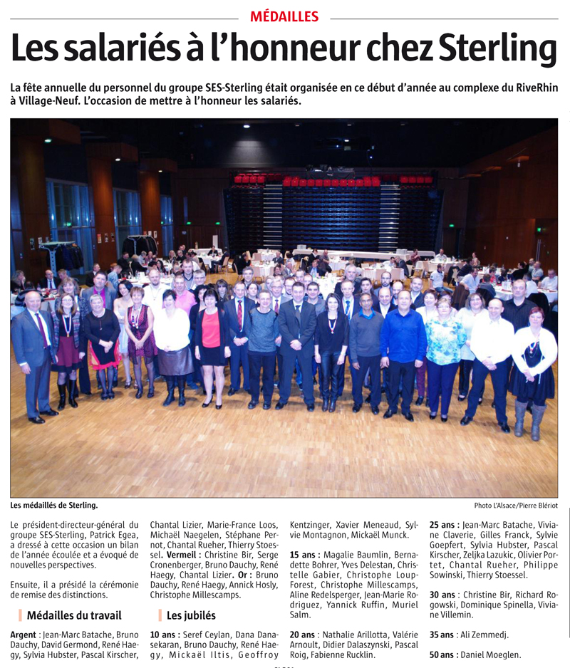 Jubiliés 2016 : les salartiés SES-STERLING à l'honneur (L'alsace Février 2016)