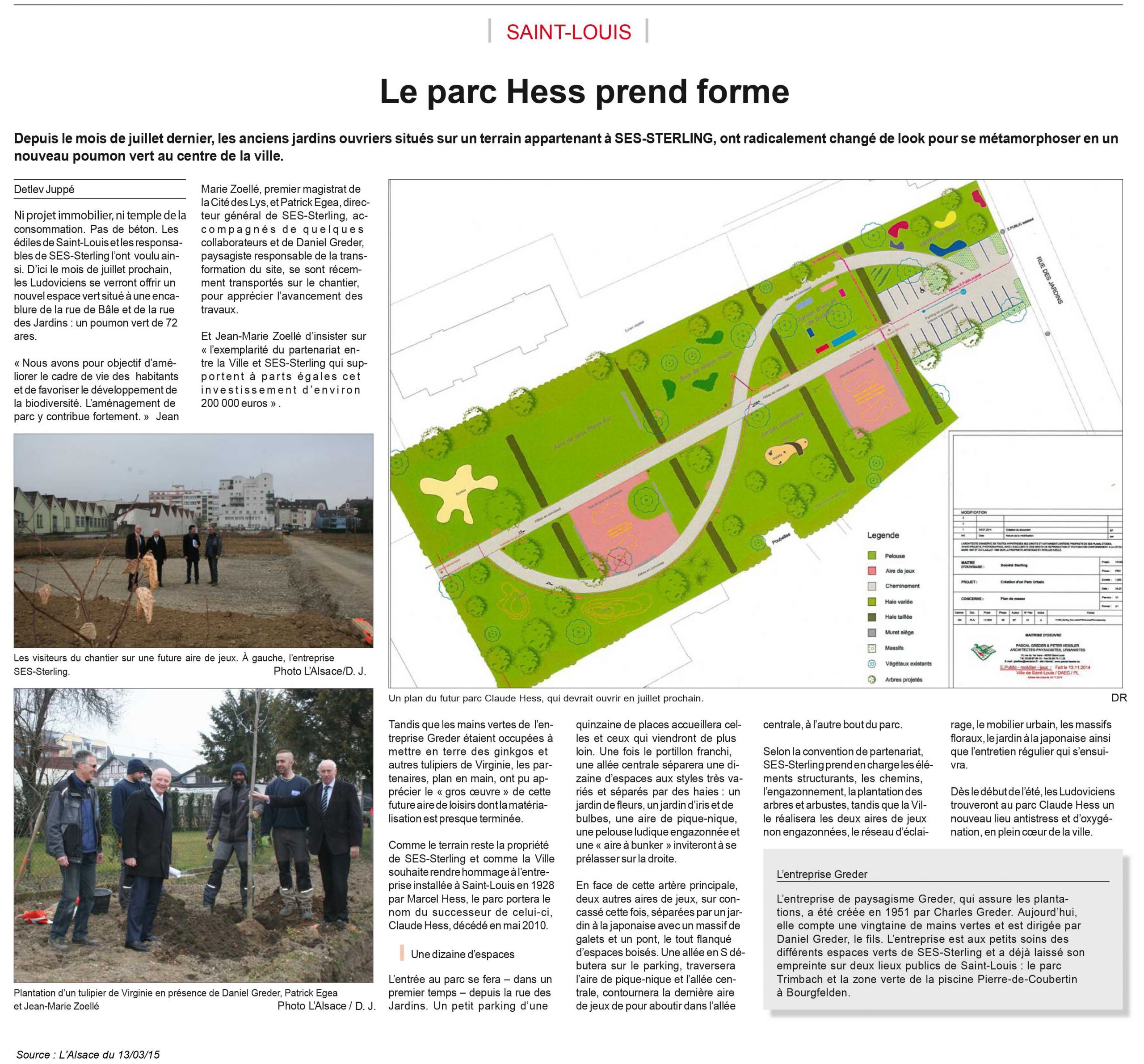 SES-STERLING : construction du parc HESS (L'Alsace - mars 2015)
