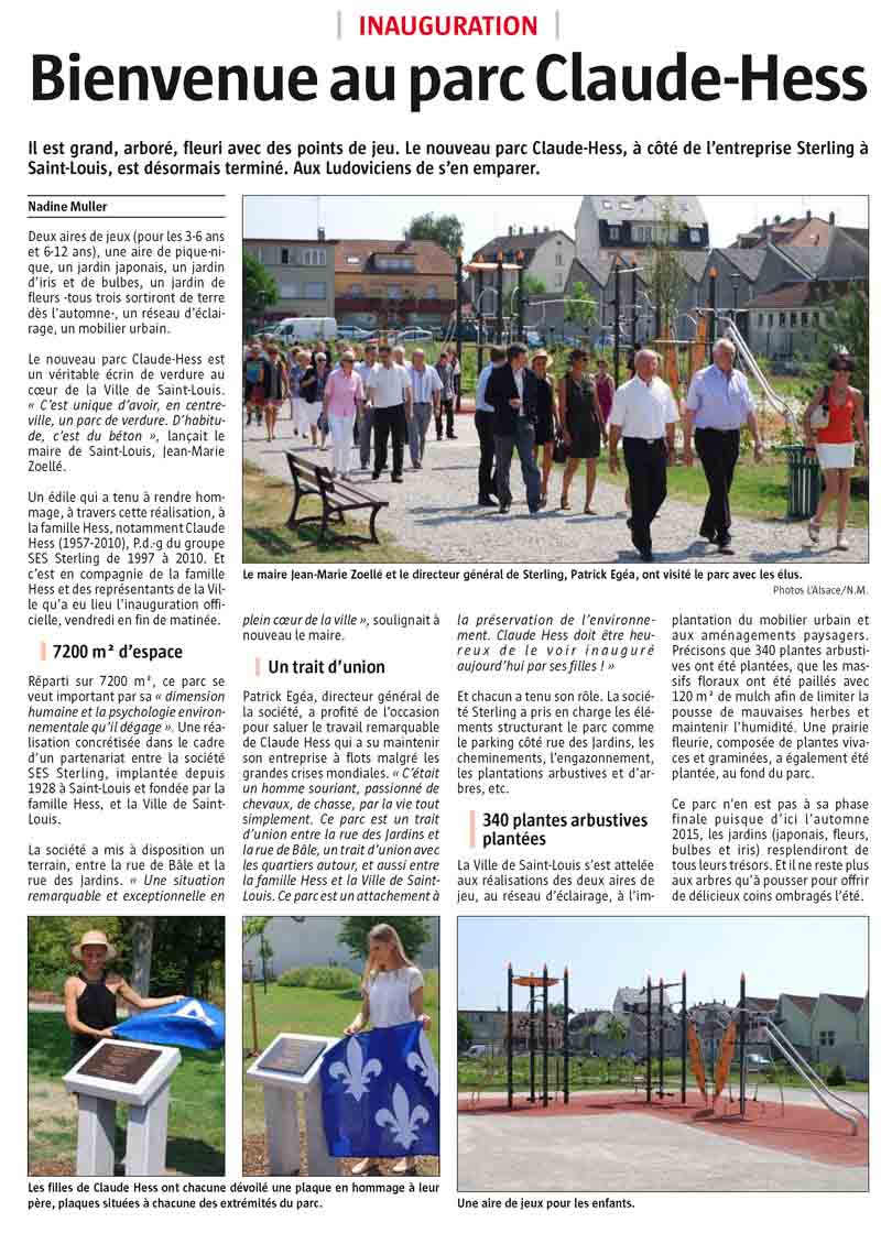 Inauguration du parc Claude Hess (L'Alsace -2015)