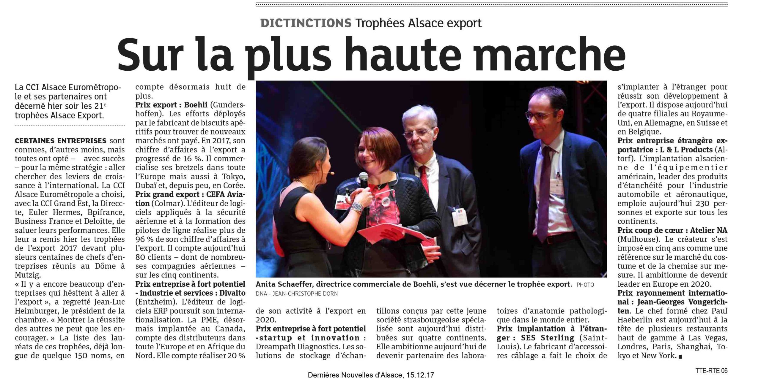 SES-STERLING gagnant du trophée export de la CCI Alsace (DNA - Décembre 2017)