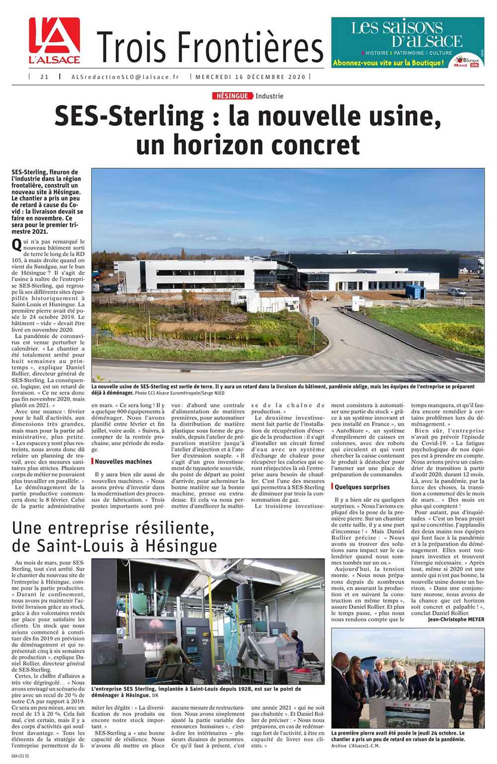 Article de presse du journal l'Alesace de décembre 2020