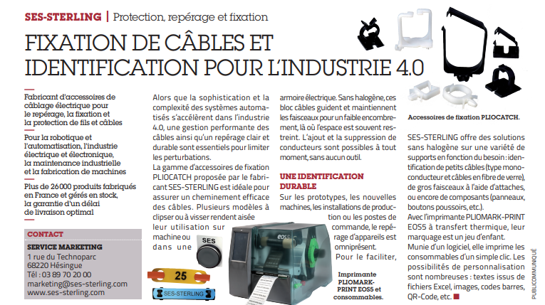 Article sur la fixation des câbles par SES-STERLING - L'Usine Nouvelle décembre 2022