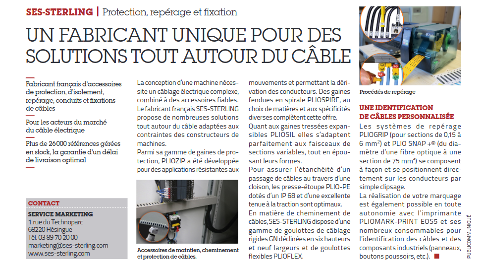 Article de presse USine Nouvelle SEs-STERLING - protection repérage et fixation des câbles - septembre 2023