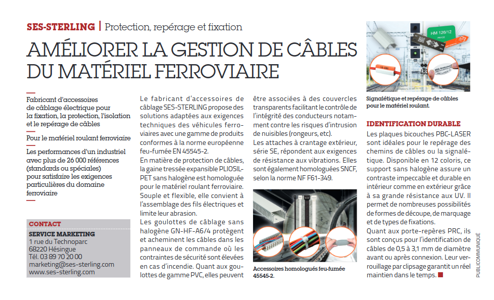 Article de presse Usine Nouvelle octobre 2023 : améliorer la gestion de câbles du matériel ferroviaire